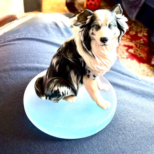 Customer's Personalized Pet 3D Figurine, a black and white dog with bright blue eyes sitting on a light blue base.