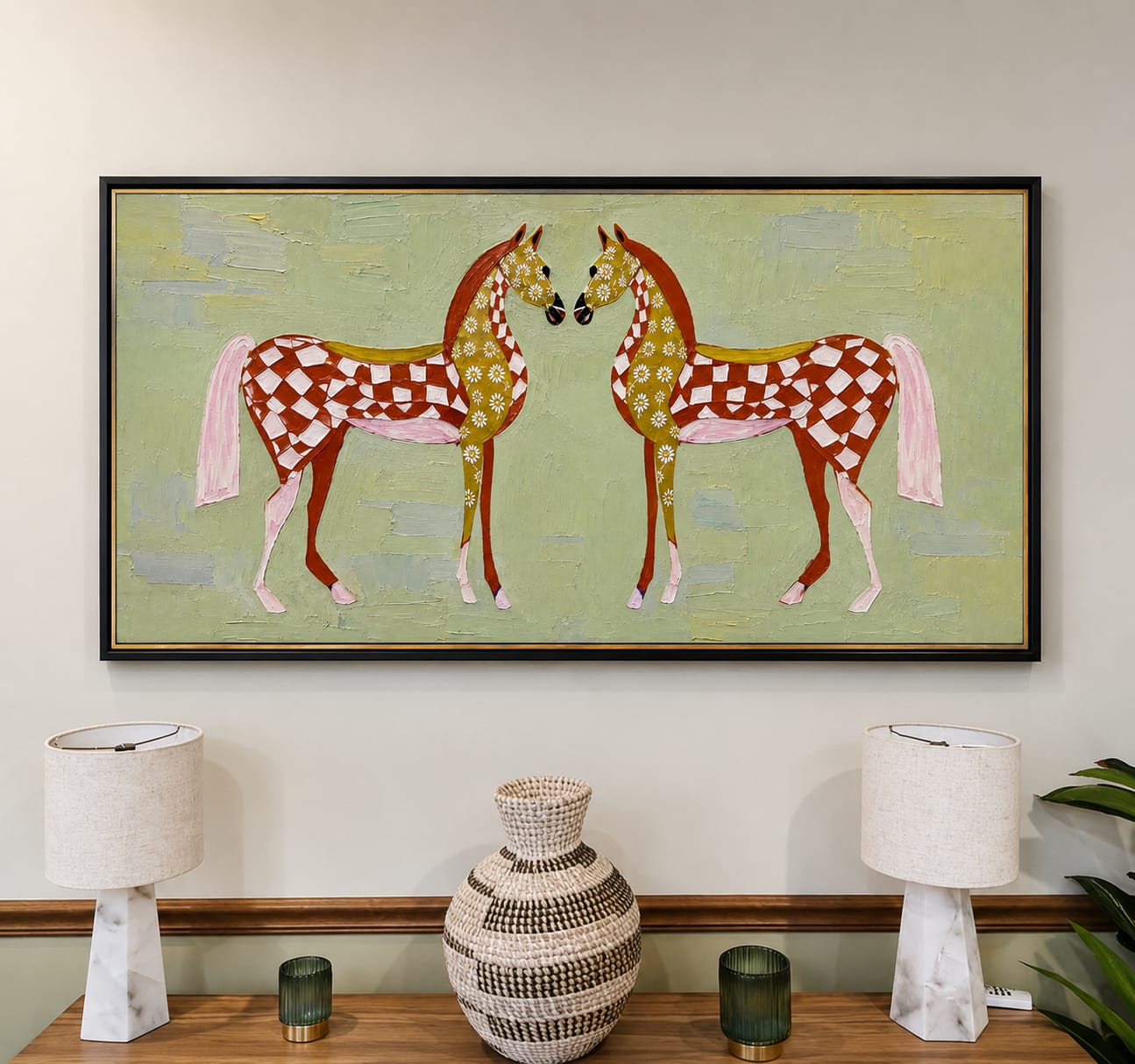 Customer photo review of “Meadow Heart Horses” – Whimsical Folk Horse Impasto Oil Painting
