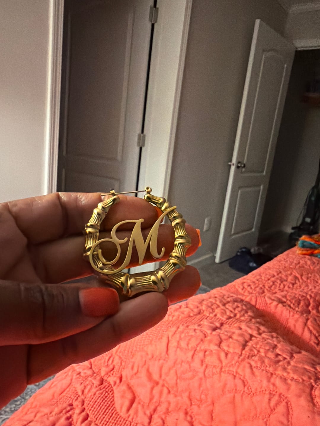 Customer photo review of Bamboo Initial Hoop Earrings