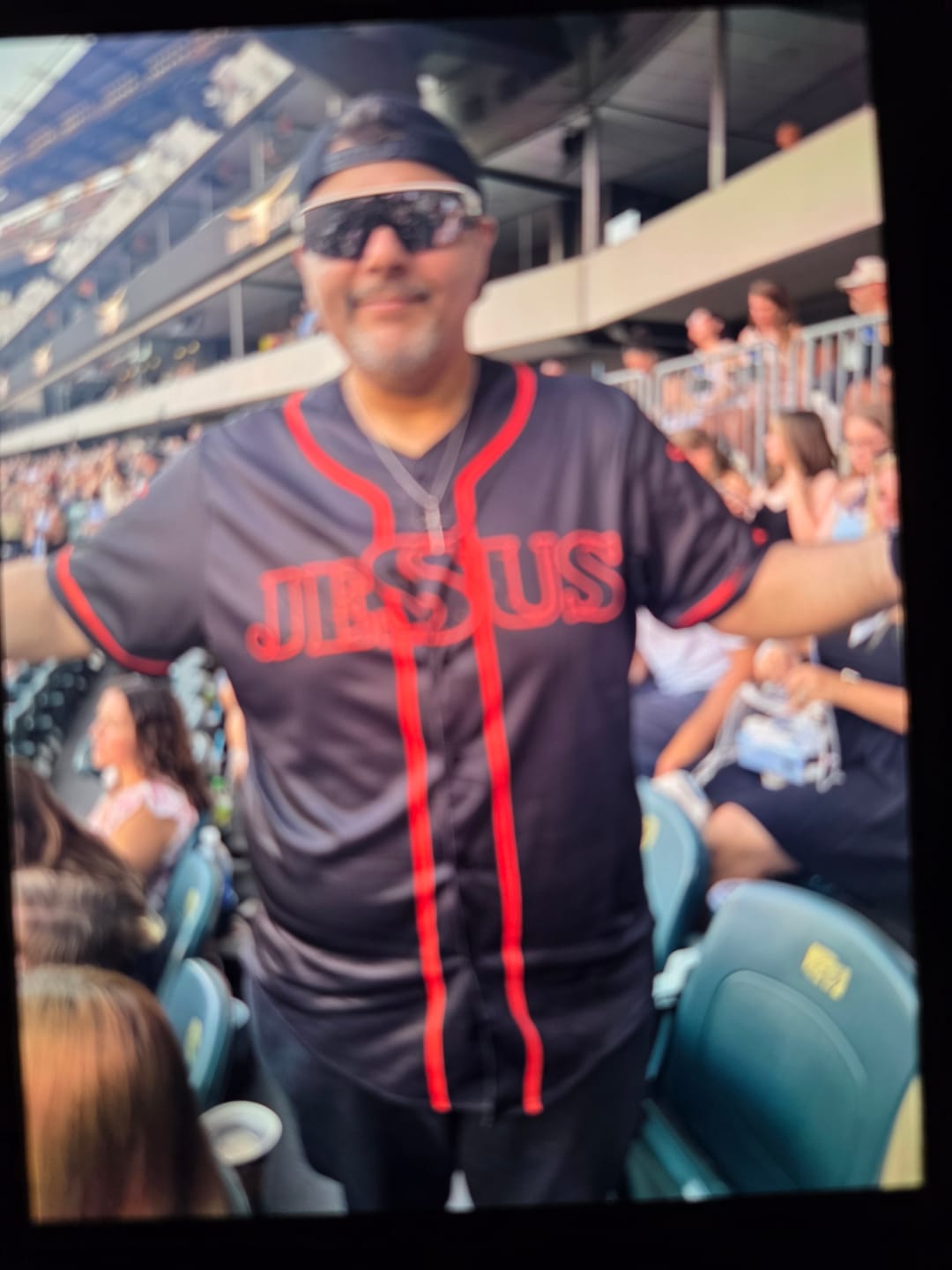 Customer photo review of Christianartworkshop Jesus Cross Nail and Crown of Thorns Baseball Jersey