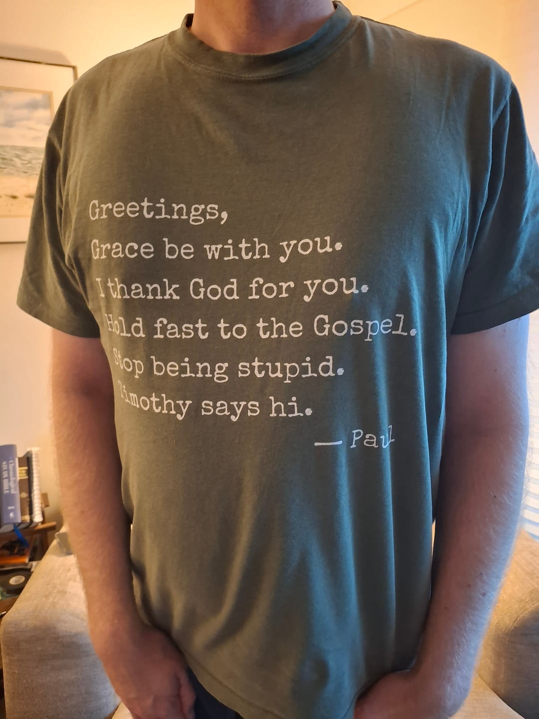 Customer photo review of Paul's Letter Template T-Shirt