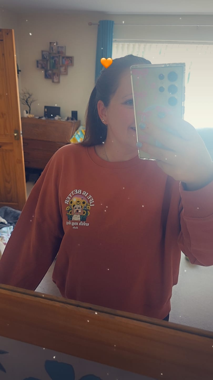 Customer photo review of Personalised Sunflower Boxy Sweatshirt | Life is Better With My Dog
