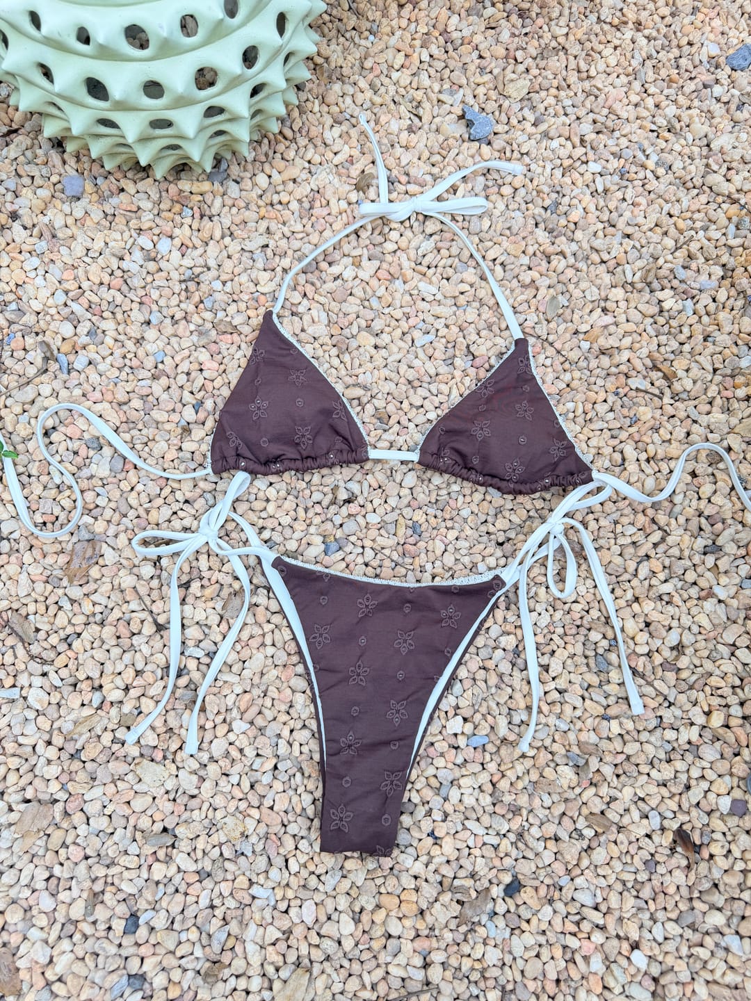 Customer photo review of Seamolly Recycled Fabric Eyelet Jacquard Lace Halter Triangle Bikini Set