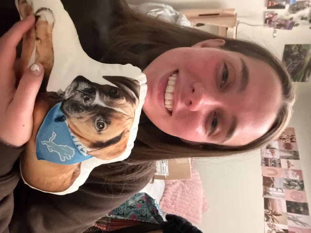 Customer photo review of Custom Photo Pillow for College & Back to School – Personalized Shaped Hug Pillow