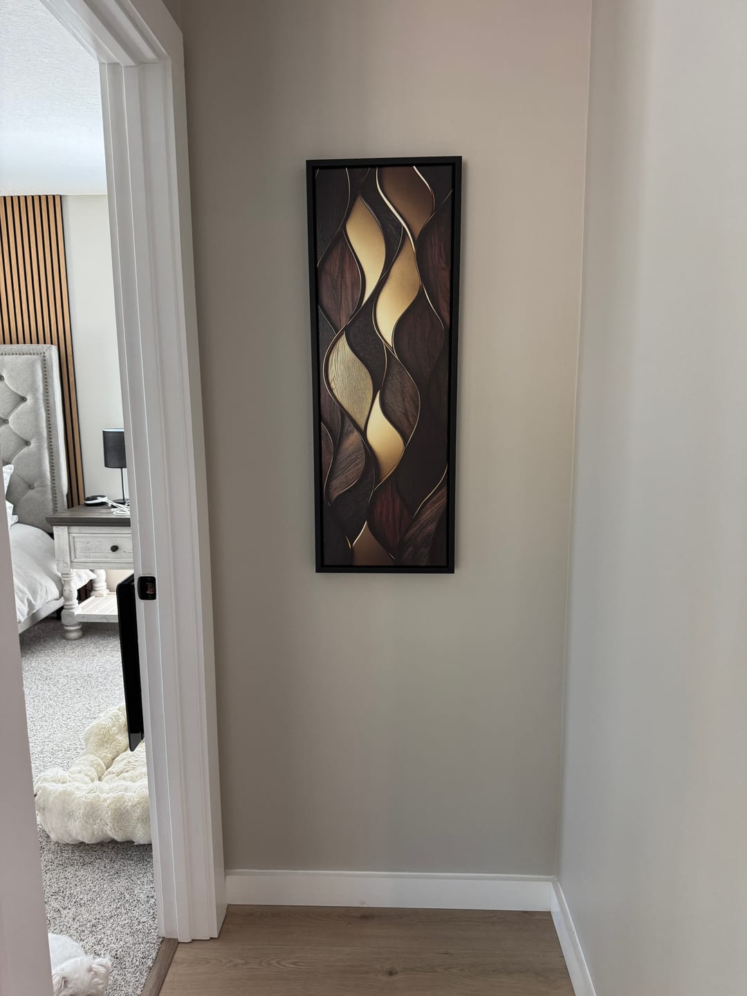 Customer photo review of Tall Narrow Vertical Brown Gold Wood Texture Painting Abstract Canvas Wall Art Print