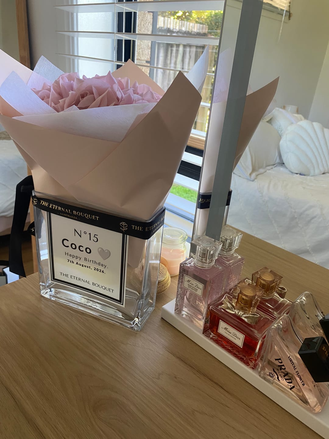 Customer photo review of Personalised Glass Vase - Silk Everlasting Roses (10 roses)