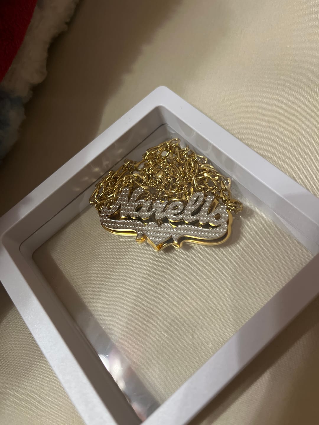 Customer photo review of Double Plated Pop Out Heart Name Necklace w/ Figaro Chain