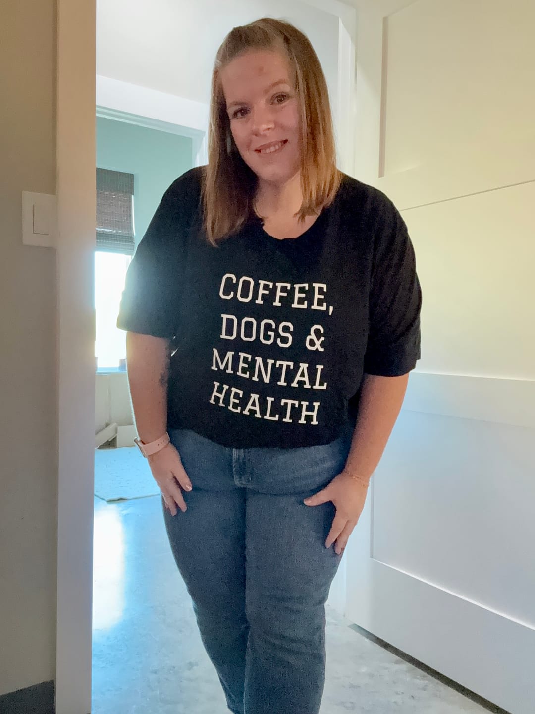 Customer photo review of Coffee, Dogs & Mental Health T-Shirt