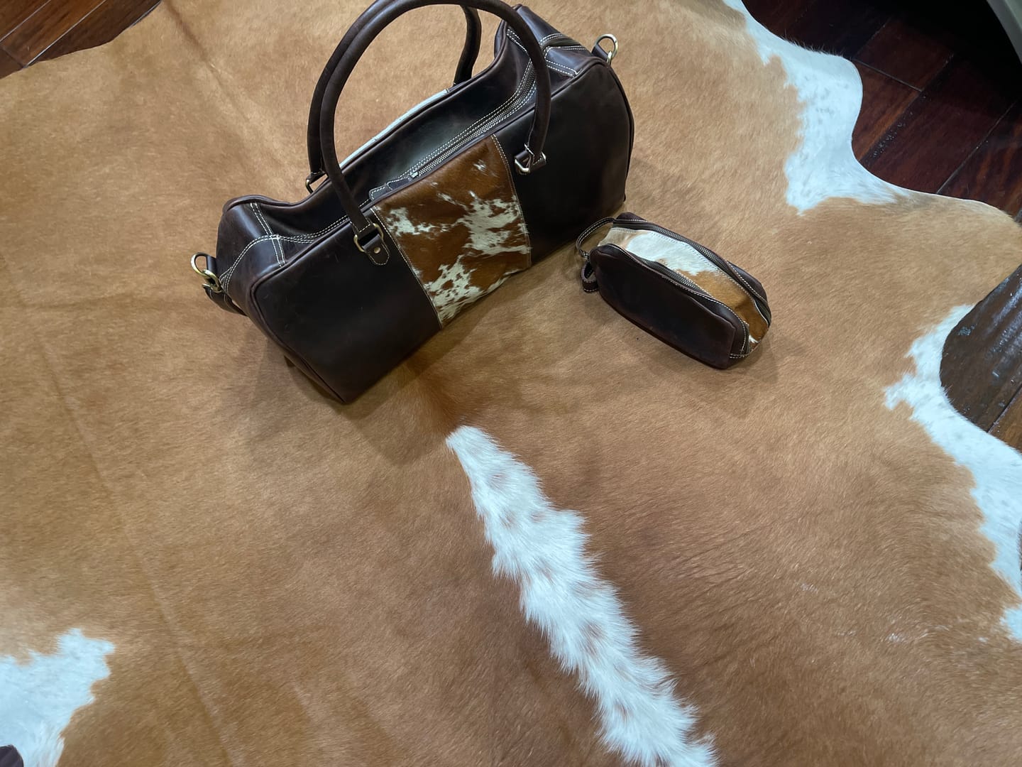Customer photo review of Sonora Cow Fur & Leather Duffel Set