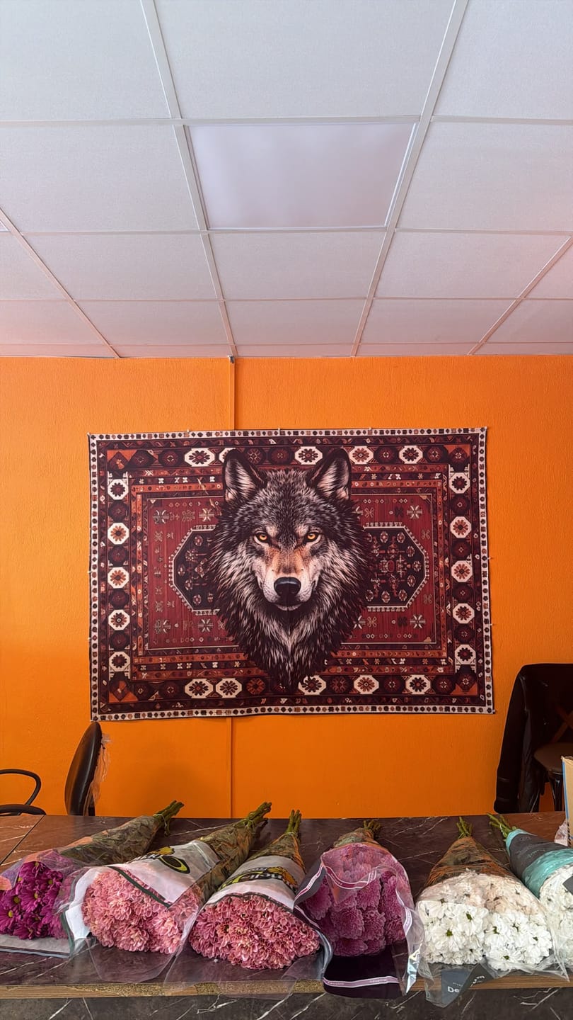 Customer photo review of Bozkurtun Bakışı – Türk Motifli Duvar Örtüsü / Halı Desenli Dekoratif Duvar Halısı