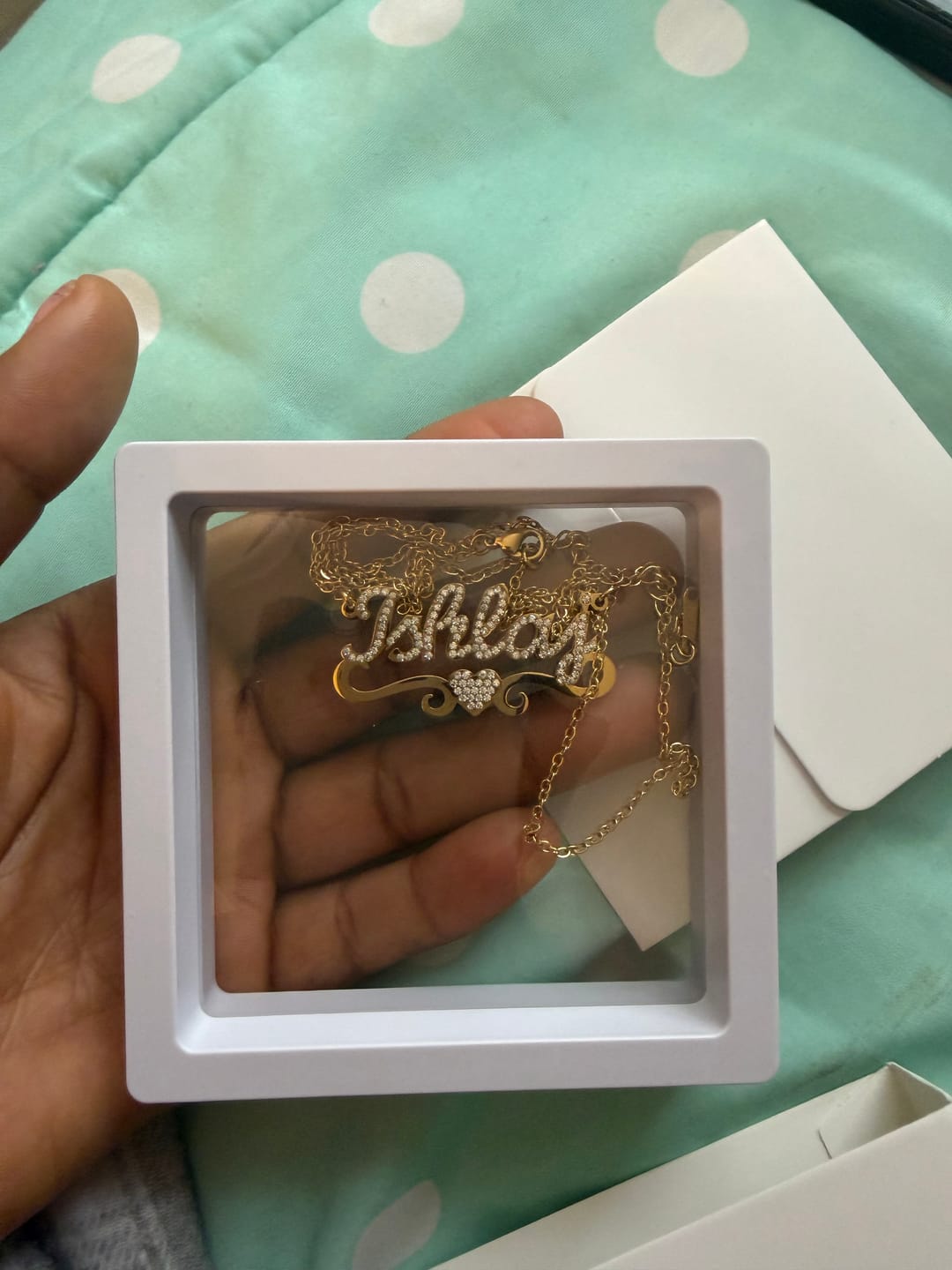 Customer photo review of Iced Heart Name Necklace