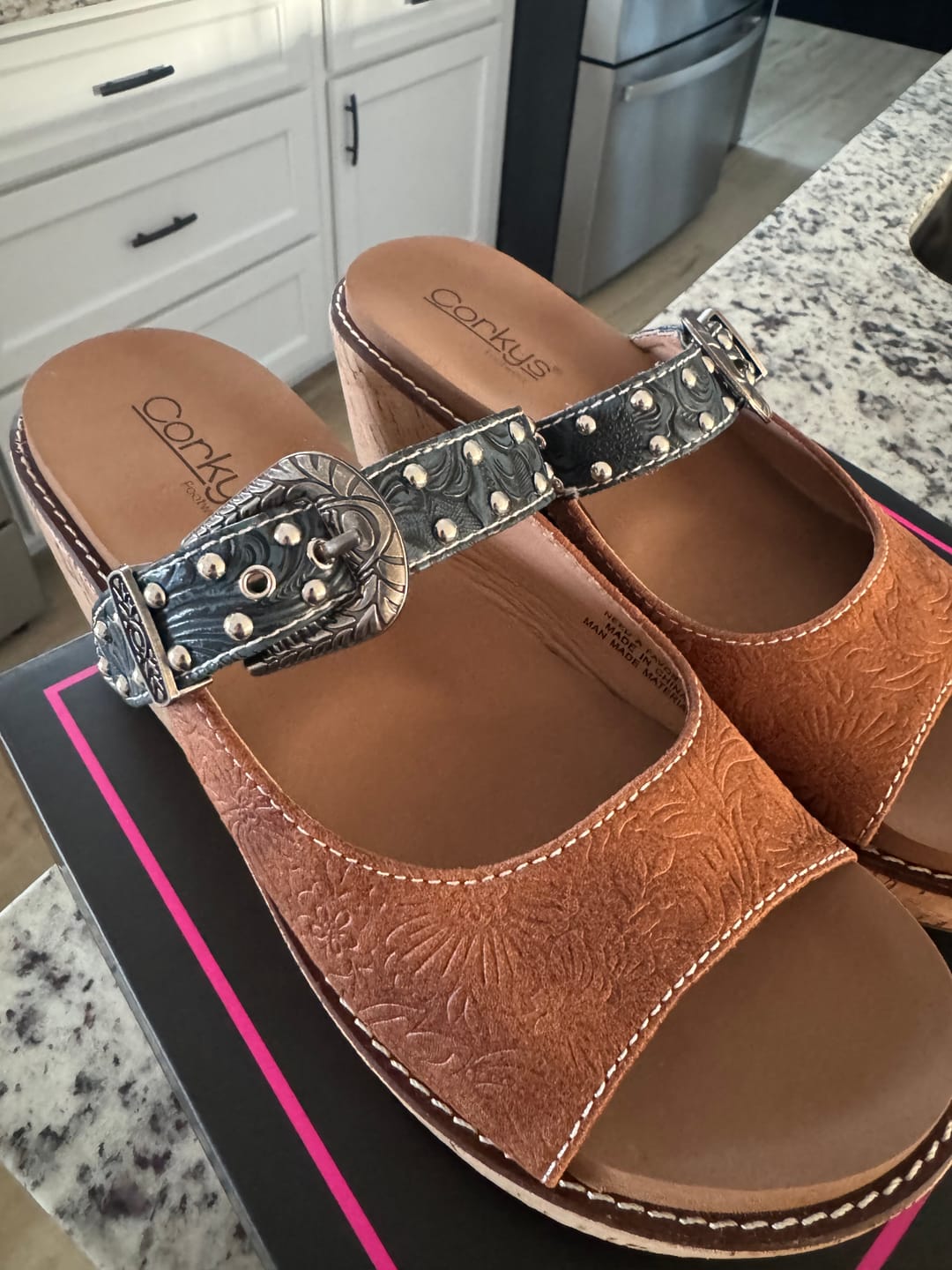 Customer photo review of Corky's Cognac Embossed Need A Favor Wedges