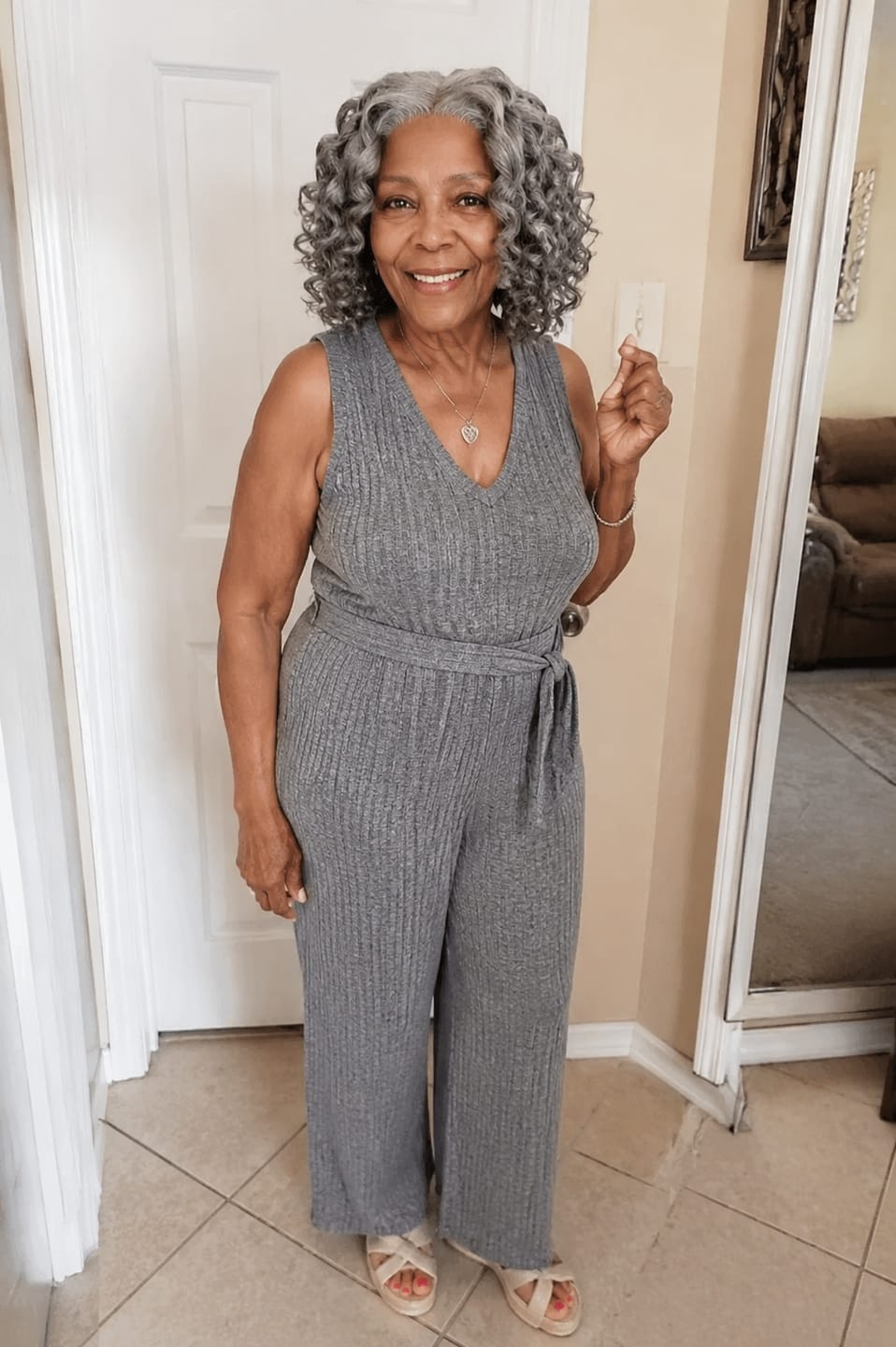 Customer photo review of Luvwin Salt And Pepper Wand Curl Kinky Hair 5x5 Pre-cut Lace Bob Wig