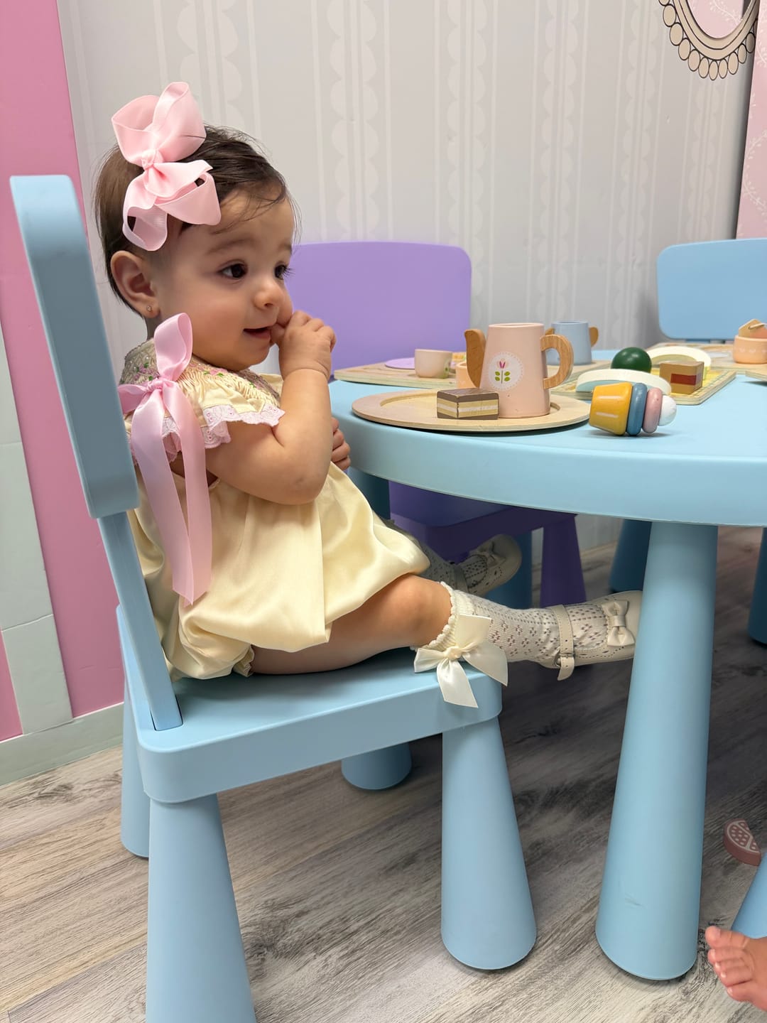 Customer photo review of Cream Satin Rosette & Pearls Smocked Bishop Bubble
