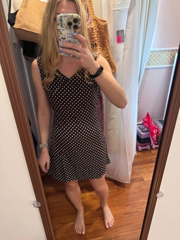 Customer photo review of Women Casual Summer Dresses, Sleeveless V Neck Dot Print Mini Dress Club Party High Waist Drawstring Dresses