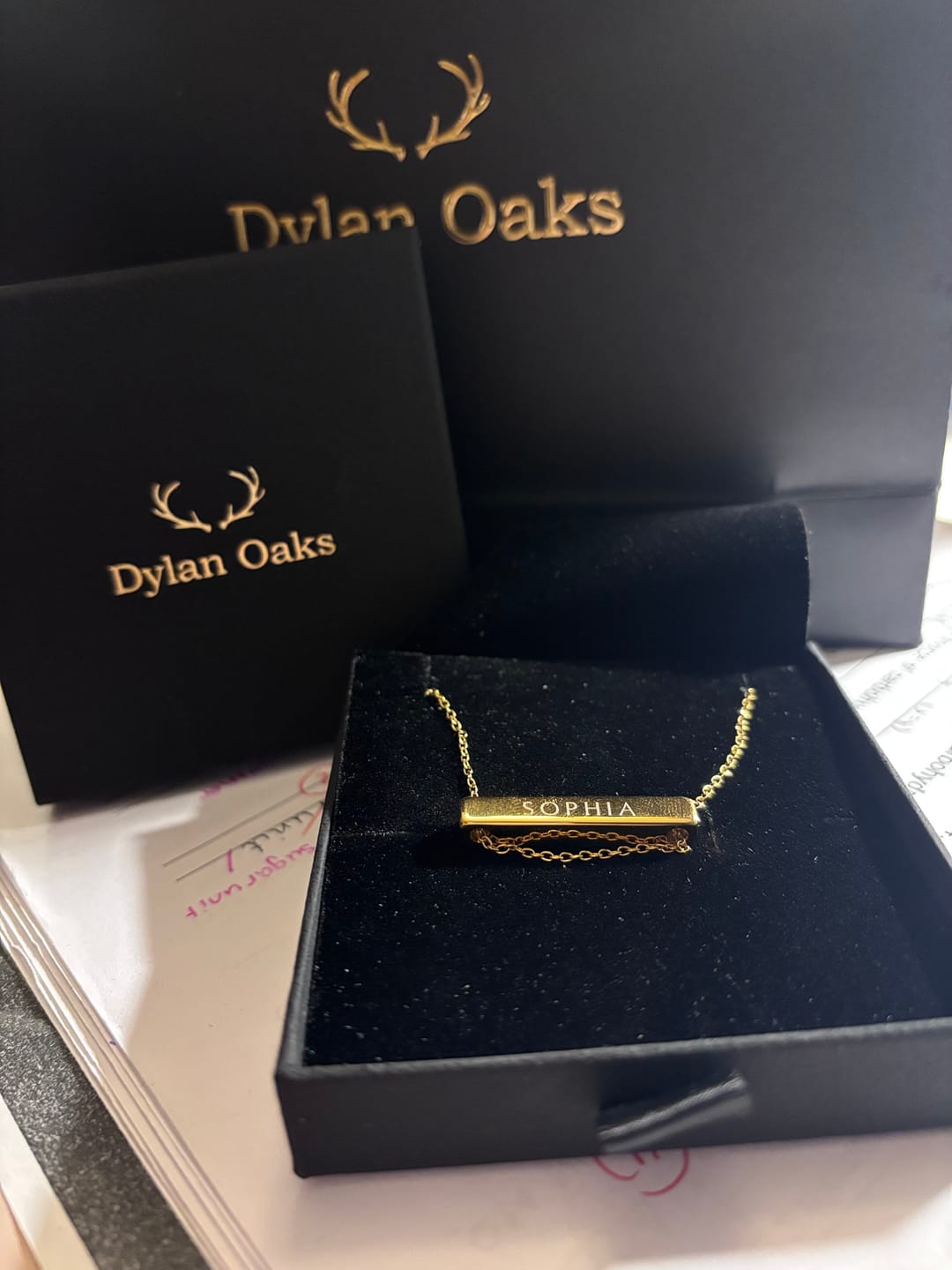 Customer photo review of 3cm Letter Bar Necklace in Gold Horizontal