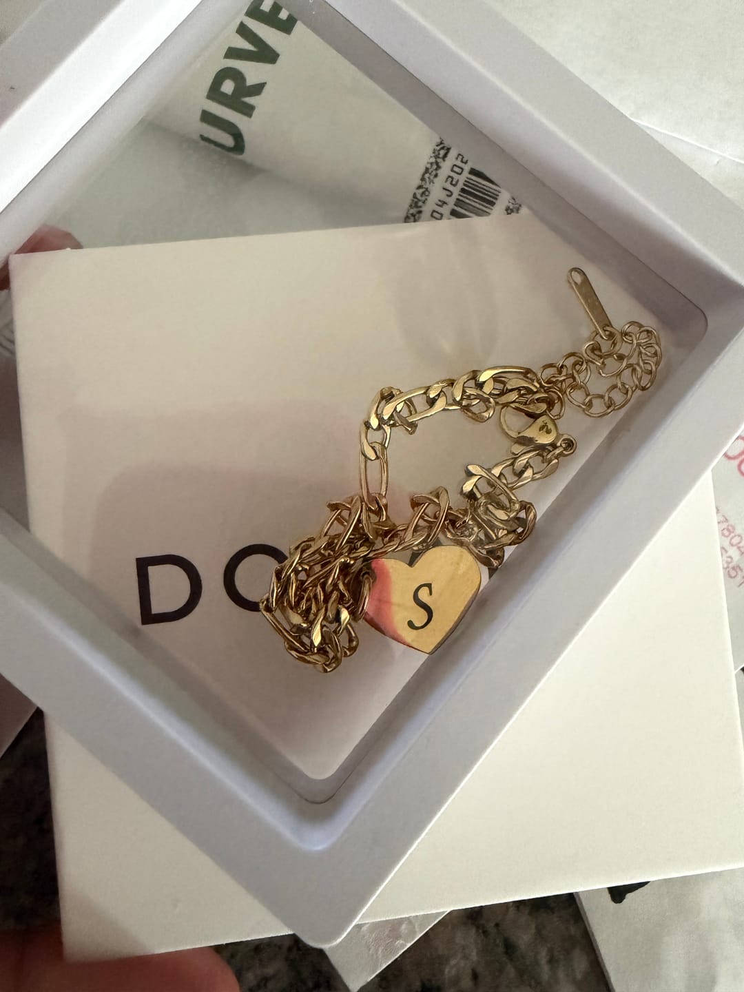 Customer photo review of Heart Initial Engraved Anklet