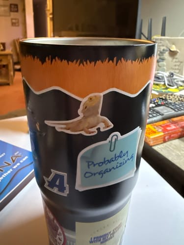 Customer's Mystery To-Go Buddy tumbler decorated with several stickers, including a lizard and a blue note.