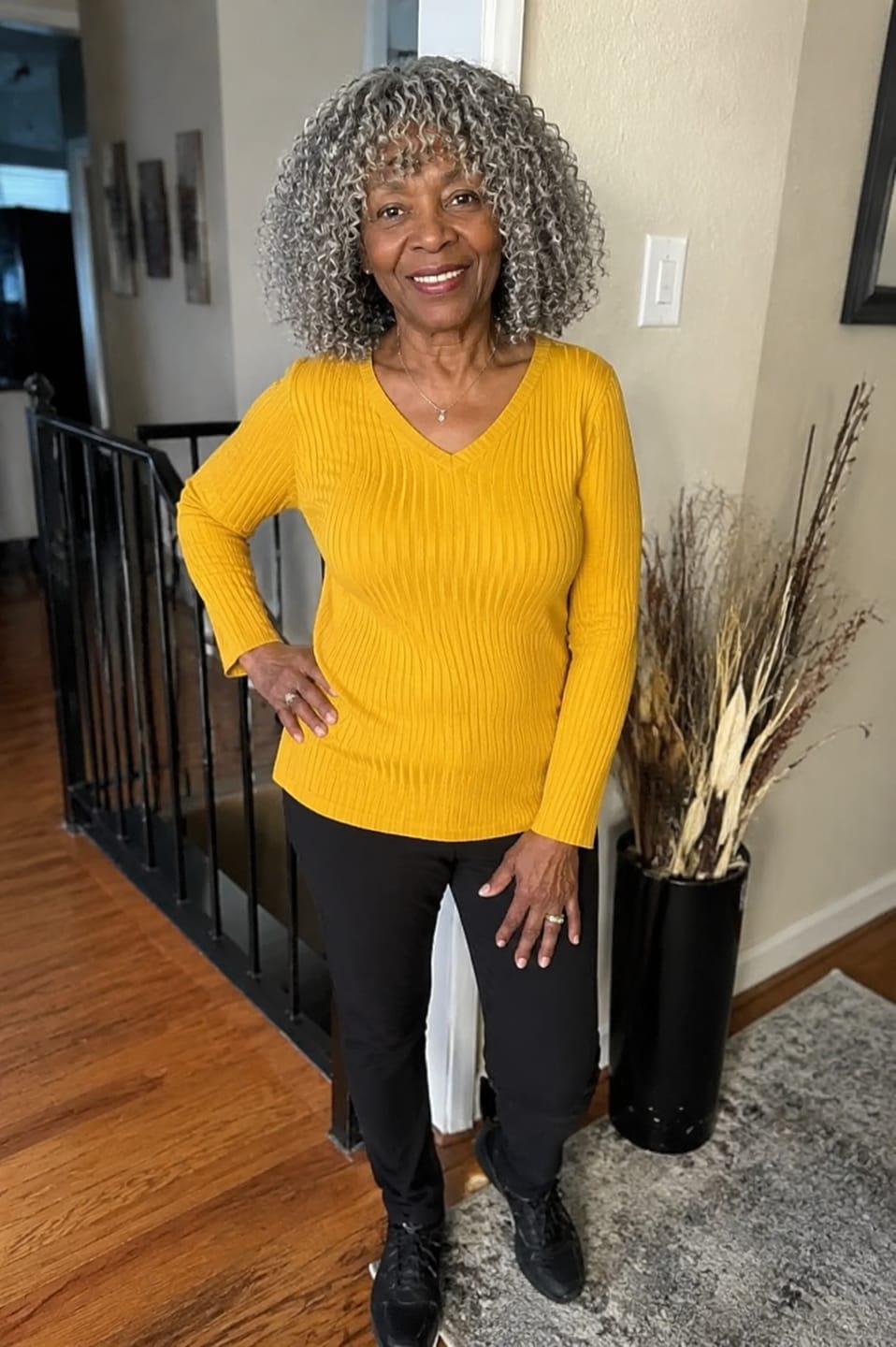 Customer photo review of Luvwin Salt And Pepper Defined Curls Wig With Bangs