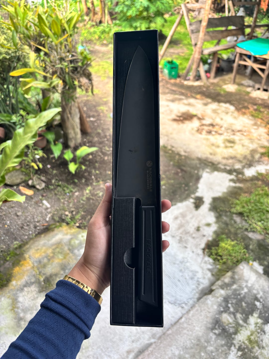Customer photo review of 215mm Chefs Knife. Black Stonewashed AUS8. Black Recycled Plastic Skateboard Material Handle