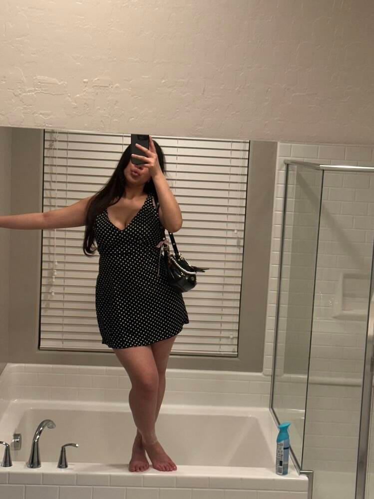 Customer photo review of Women Casual Summer Dresses, Sleeveless V Neck Dot Print Mini Dress Club Party High Waist Drawstring Dresses