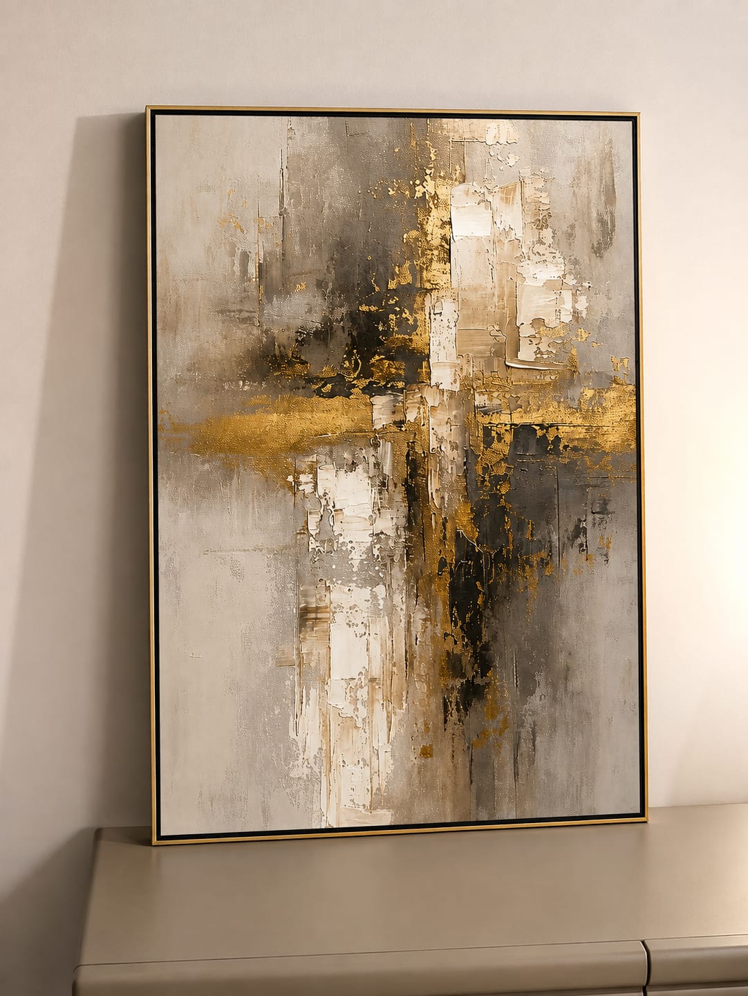 Customer photo review of "Gilded Skyline" – Gold Gray Industrial Textured Abstract Painting
