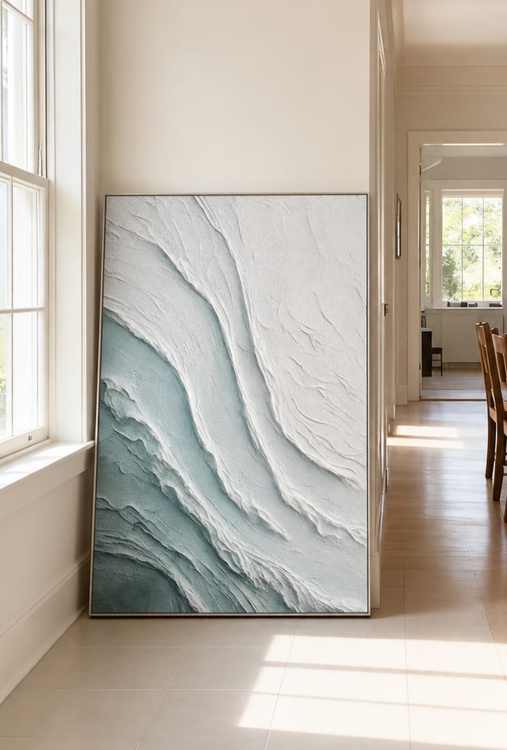 Customer photo review of "Glacial Whisper" – Ice Blue Wabi Sabi Textured Abstract Painting