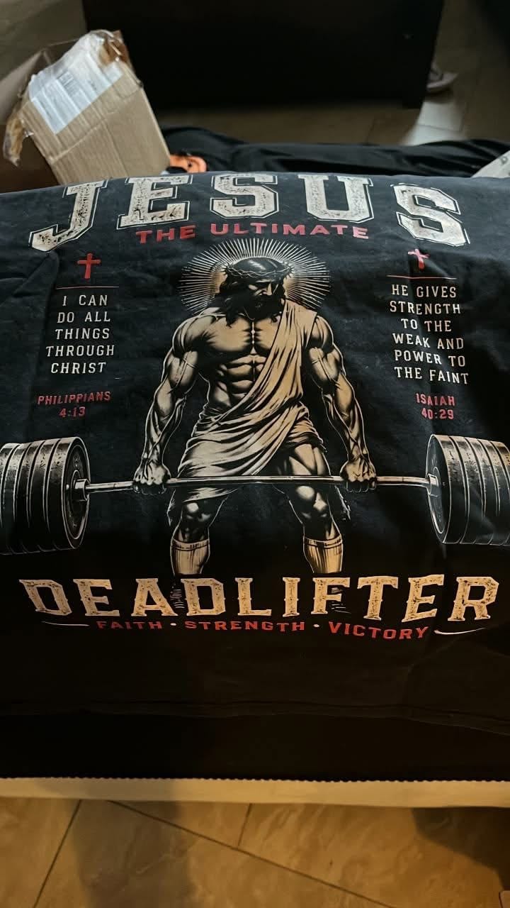 Customer photo review of Custom Christian Shirt, Jesus The Ultimate Deadlifter Acid Washed Graphic Tee with Name Number