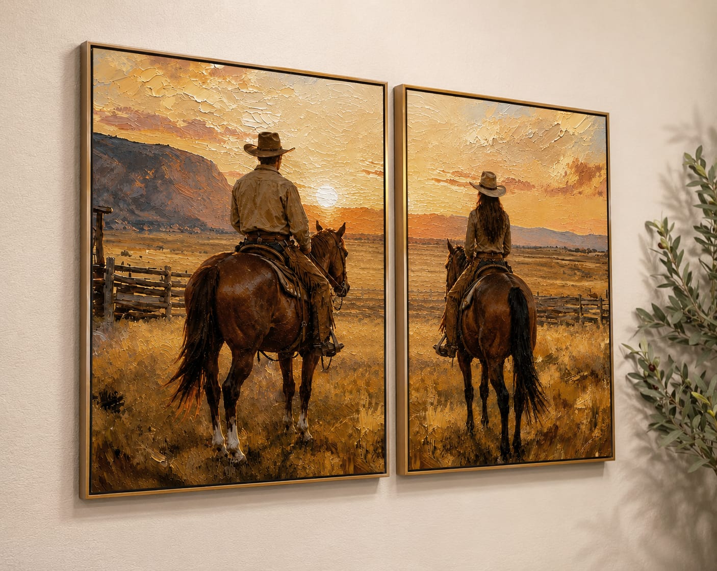 Customer photo review of "Golden Horizon Companions" – Western Cowboy & Cowgirl Sunset Diptych Oil Painting