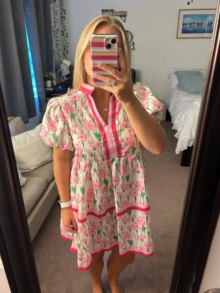 Customer photo review of Women Y2K Babydoll Mini Dresses V Neck Puff Sleeve Short Dress Beach Sundress