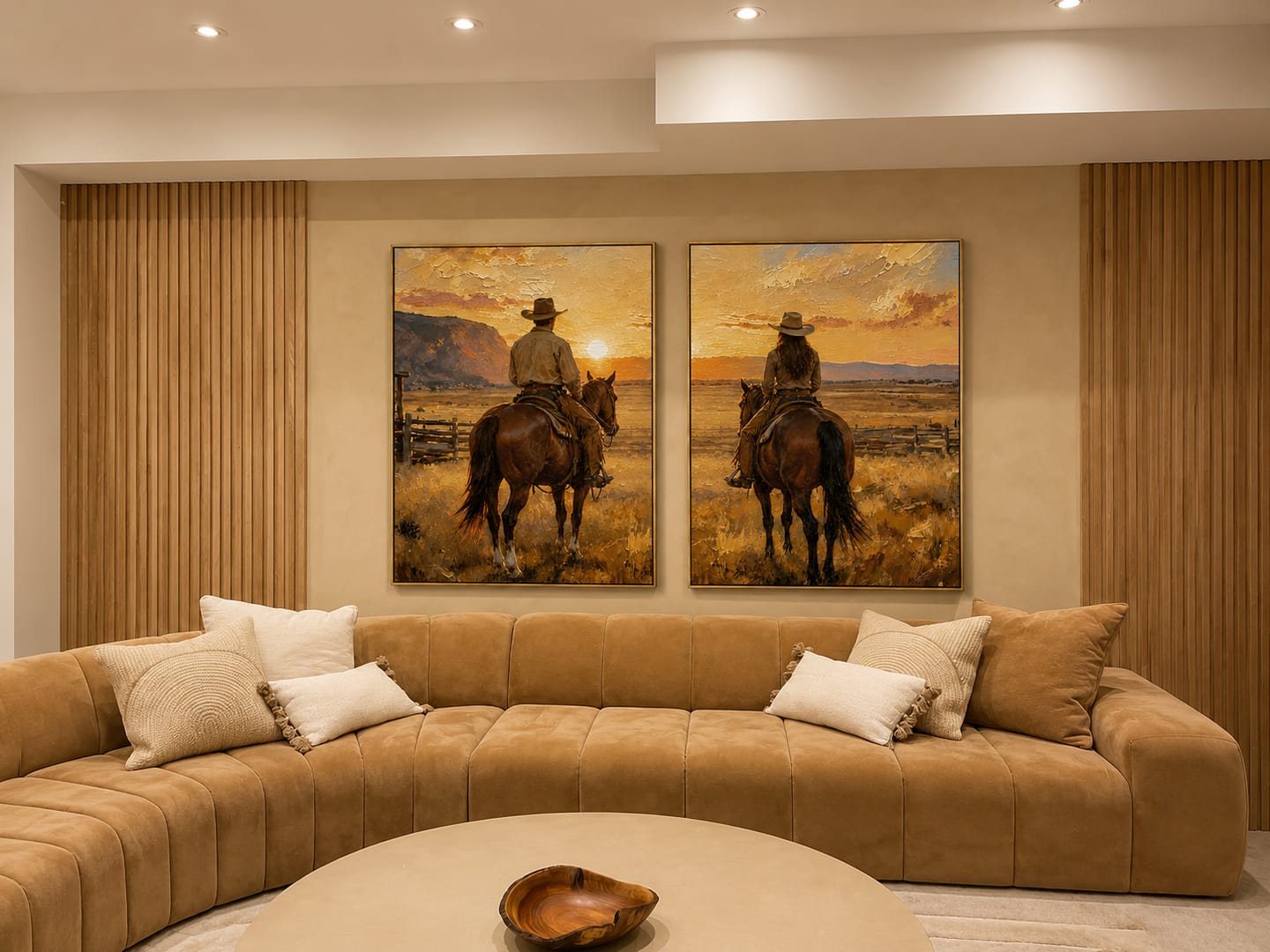 Customer photo review of "Golden Horizon Companions" – Western Cowboy & Cowgirl Sunset Diptych Oil Painting
