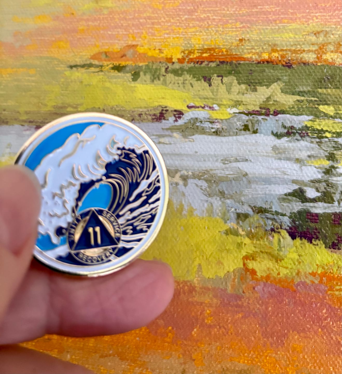 Customer photo review of 1 to 50 Year Sobriety Mint Crashing Wave Gold Plated AA Recovery Medallion/Chip/Coin - Blue/White