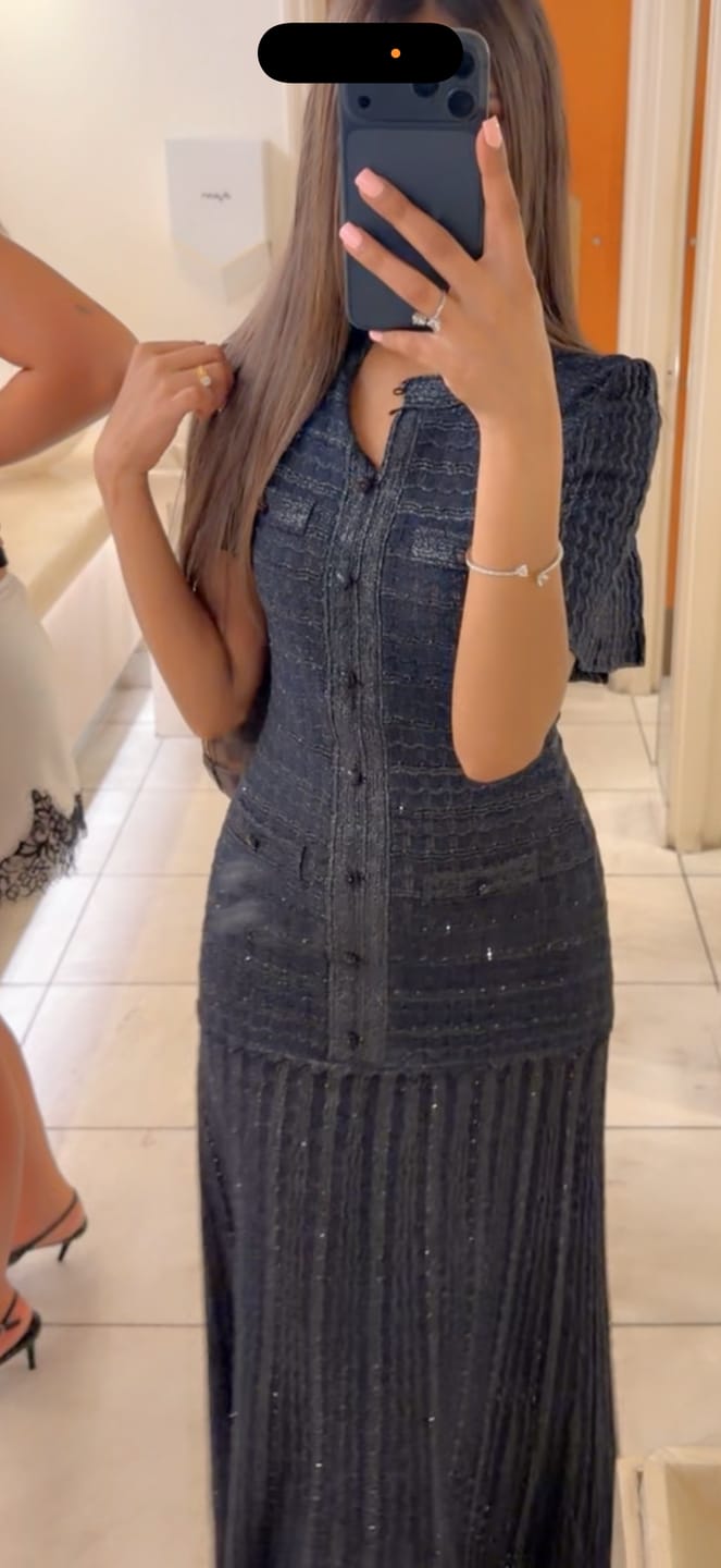 Customer photo review of Short Sleeve Midi Dress With Shimmer Knit Texture - Navy