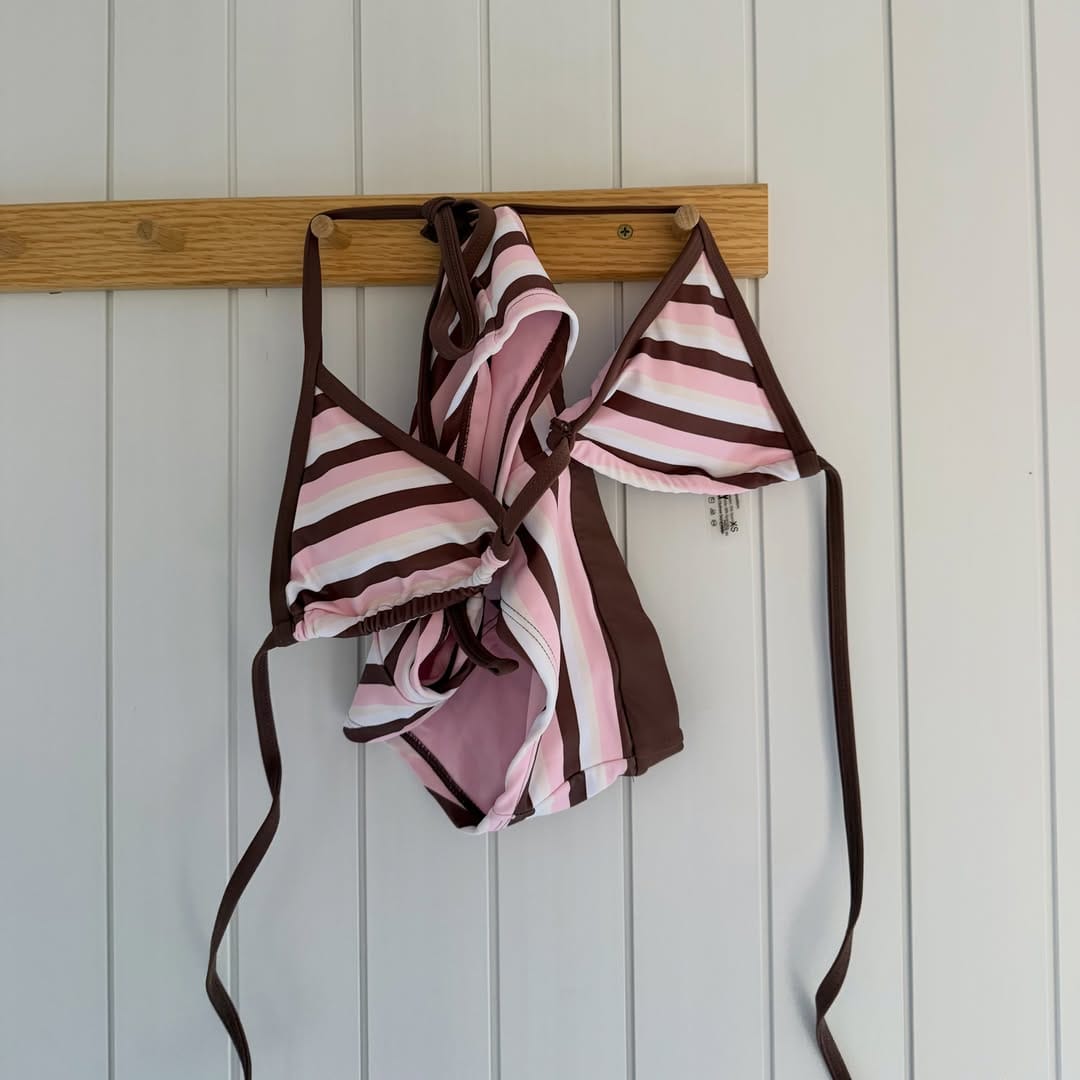 Customer photo review of Seamolly Colorblock Striped Halter Triangle Boyshorts Bikini Set