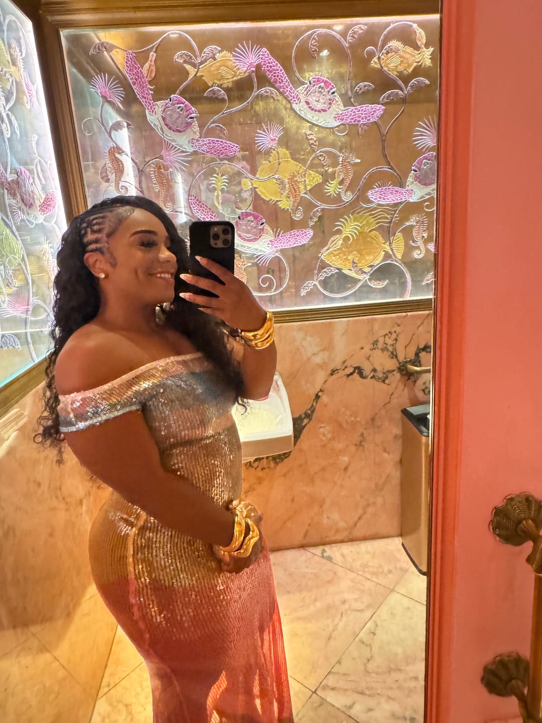 Customer photo review of Siren Illusion Sequin Mesh Maxi Dress Pink