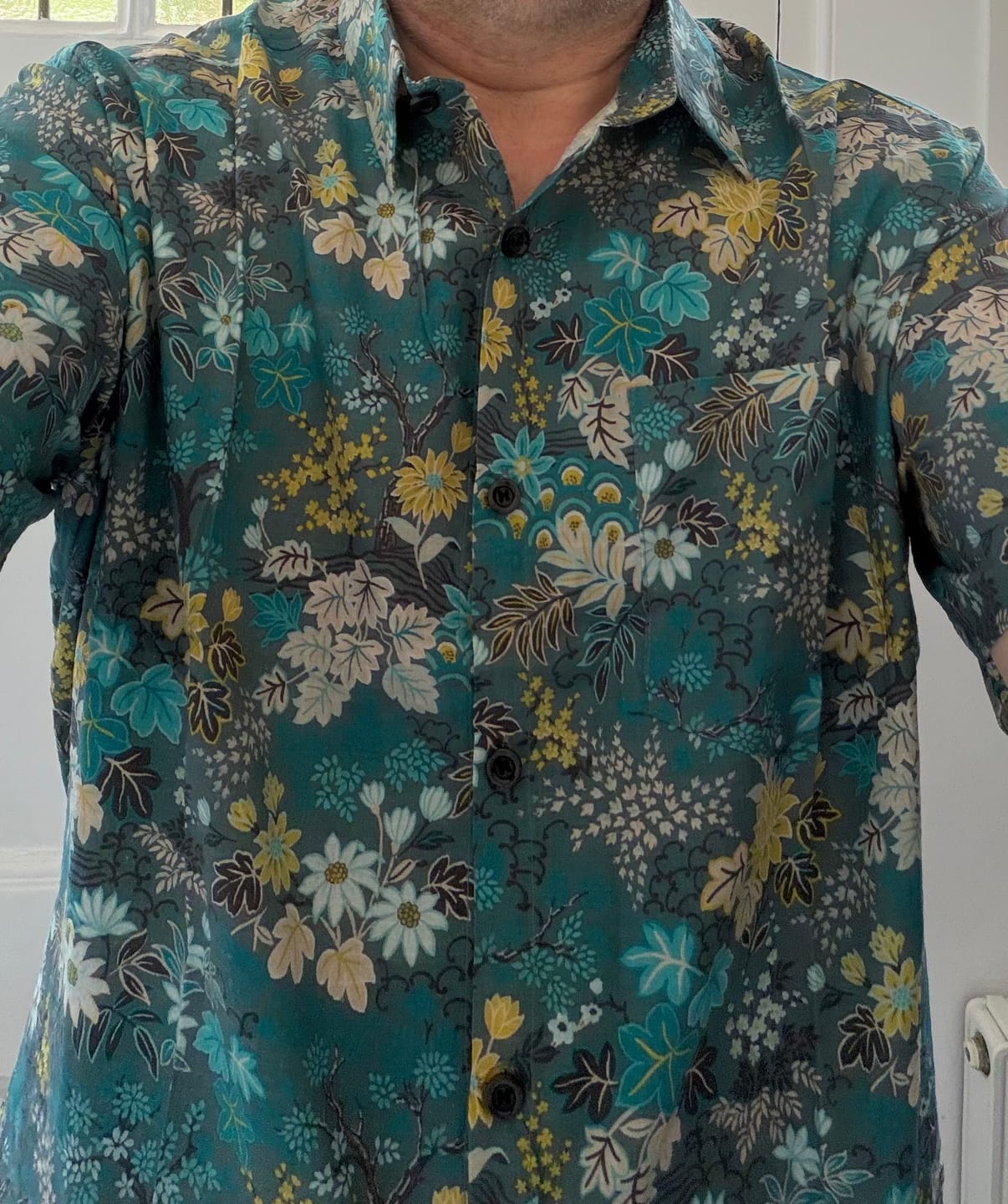 Customer photo review of Men's Hawaiian Tropical White Yellow Floral Print Chest Pocket Short Sleeve Shirt