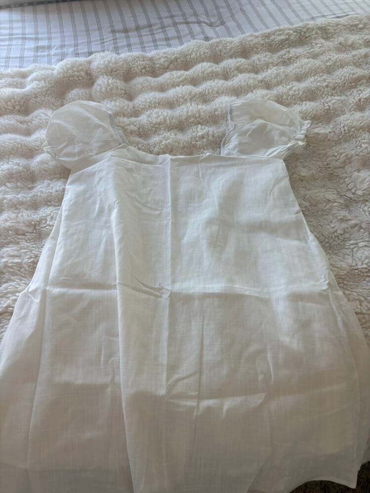 Customer photo review of Women's Linen Blend Square Neck Puff Sleeve Mini Dress Open Back Tie Swing Sundress Casual Vacation Outfit For Spring And Summer