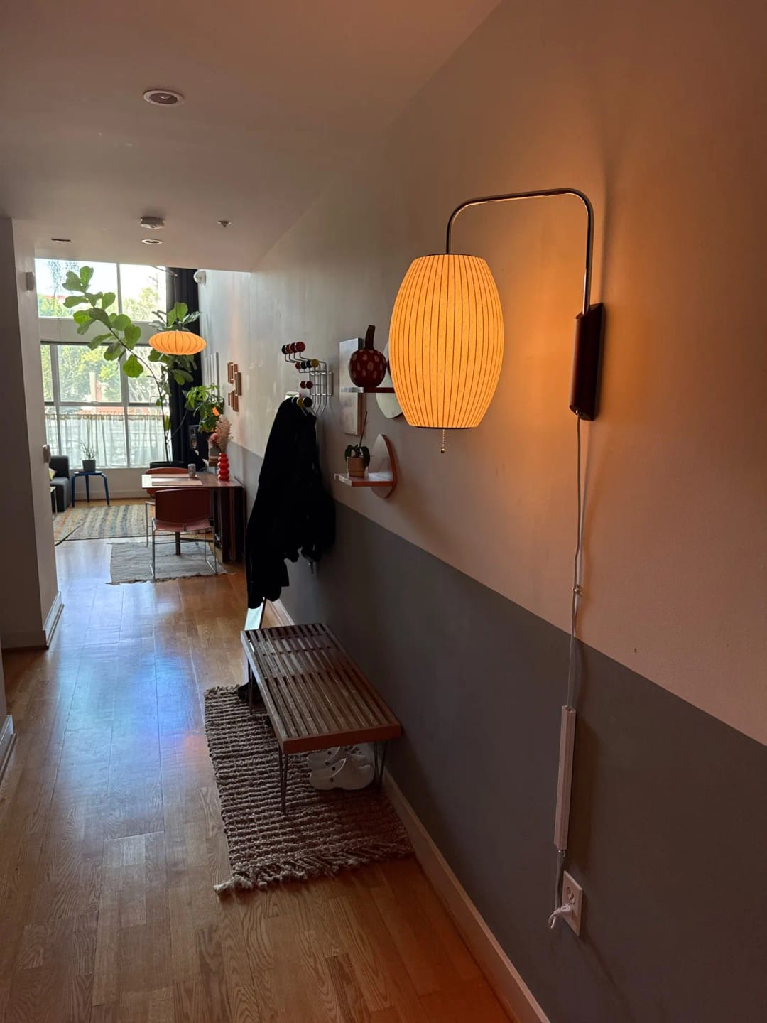 Customer photo review of Wall Sconce, White Polymer Shade, Walnut & Chrome, Swivel Plug-In E26
