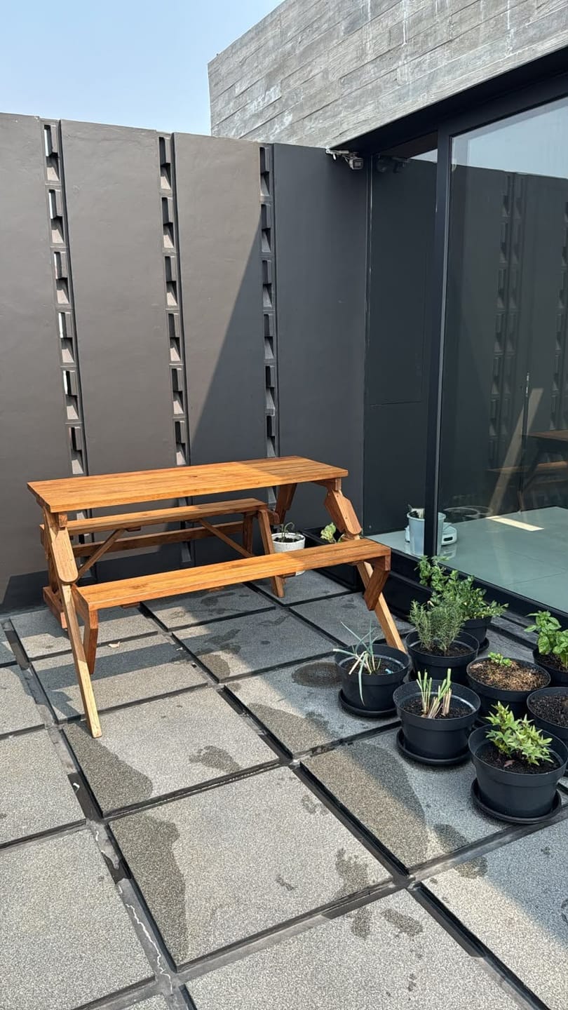 Customer photo review of 2-in-1 Reclaimed Teak Outdoor Bench & Table Set