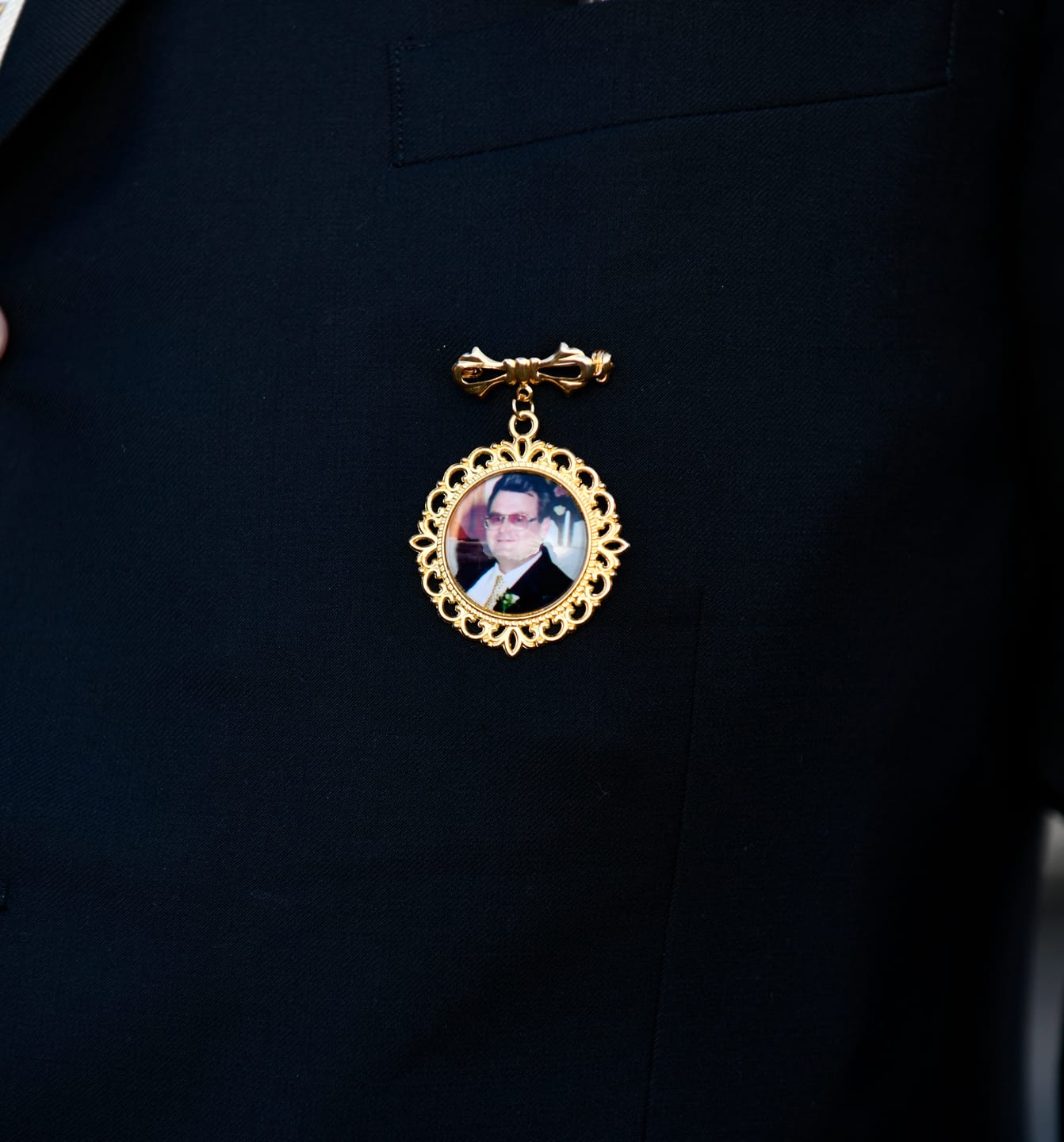 Customer photo review of Keep Photo Close To Your Heart - Custom Memorial Photo Personalized Bow Pin - Wedding Gift For Groom, Bride