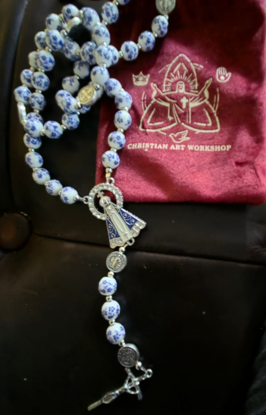 Customer photo review of Christianartworkshop Blue & White Floral Ceramic Rosary with St. Benedict Medals & Our Lady