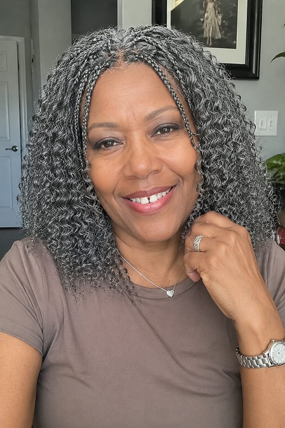 Customer photo review of Luvwin 13x4 Lace Salt And Pepper Boho Braided Curly Wigs  100% Human Hair