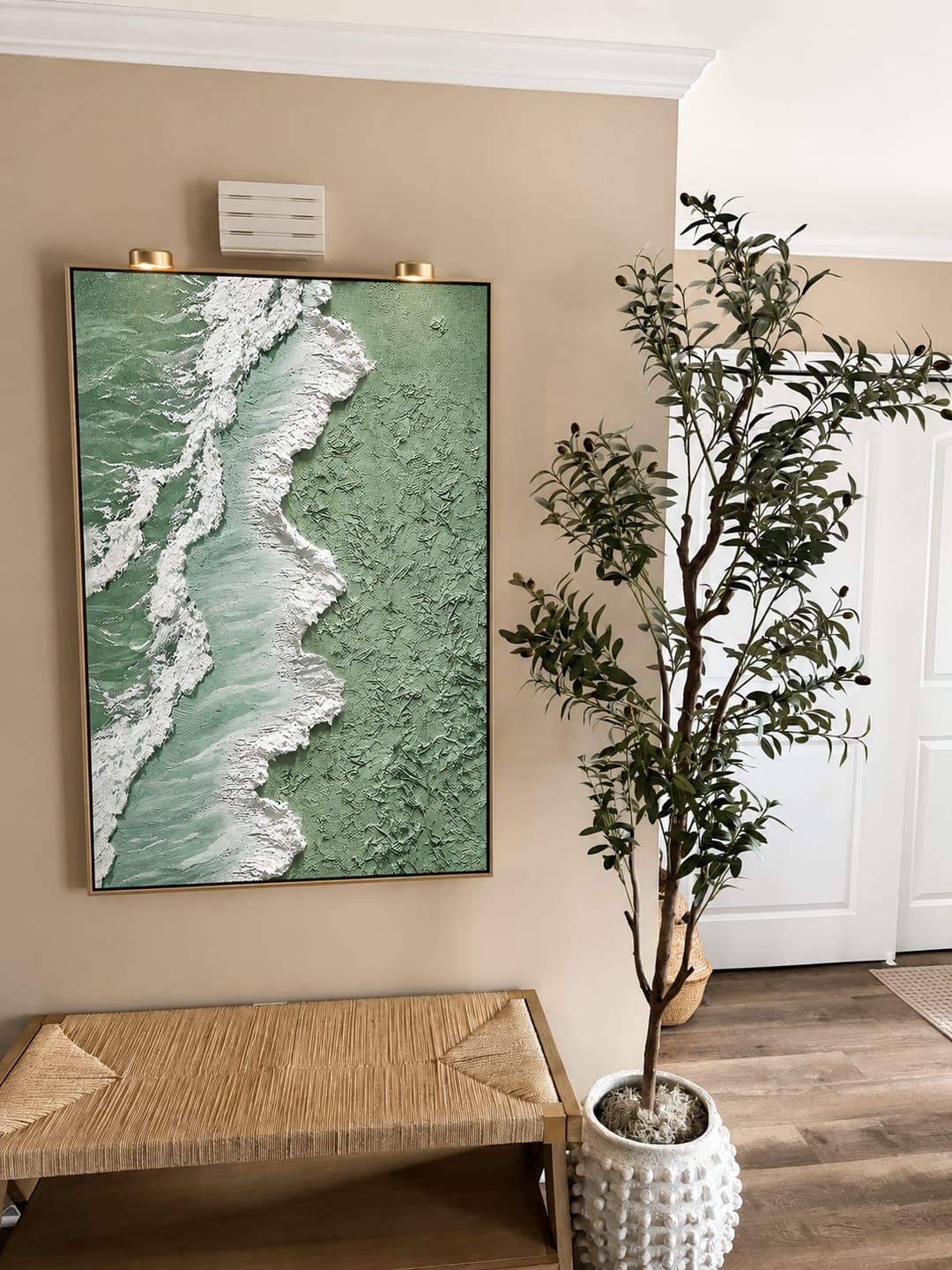 Customer photo review of "Seafoam Shoreline" – Green Coastal Textured Abstract Painting