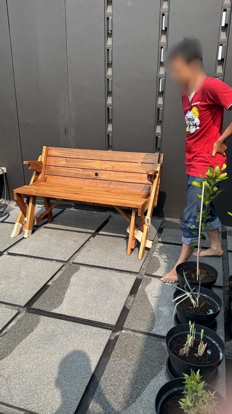 Customer photo review of 2-in-1 Reclaimed Teak Outdoor Bench & Table Set