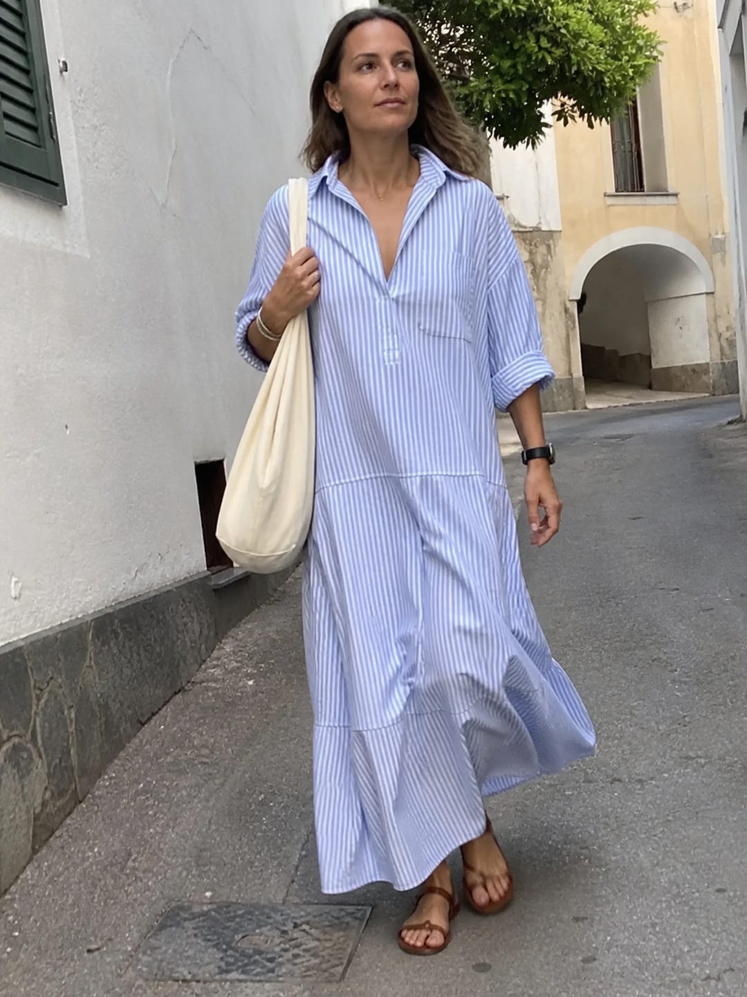 Customer photo review of Striped Split-Joint Pockets Pleated Contrast Color Plus Size Loose V-neck Maxi Dresses