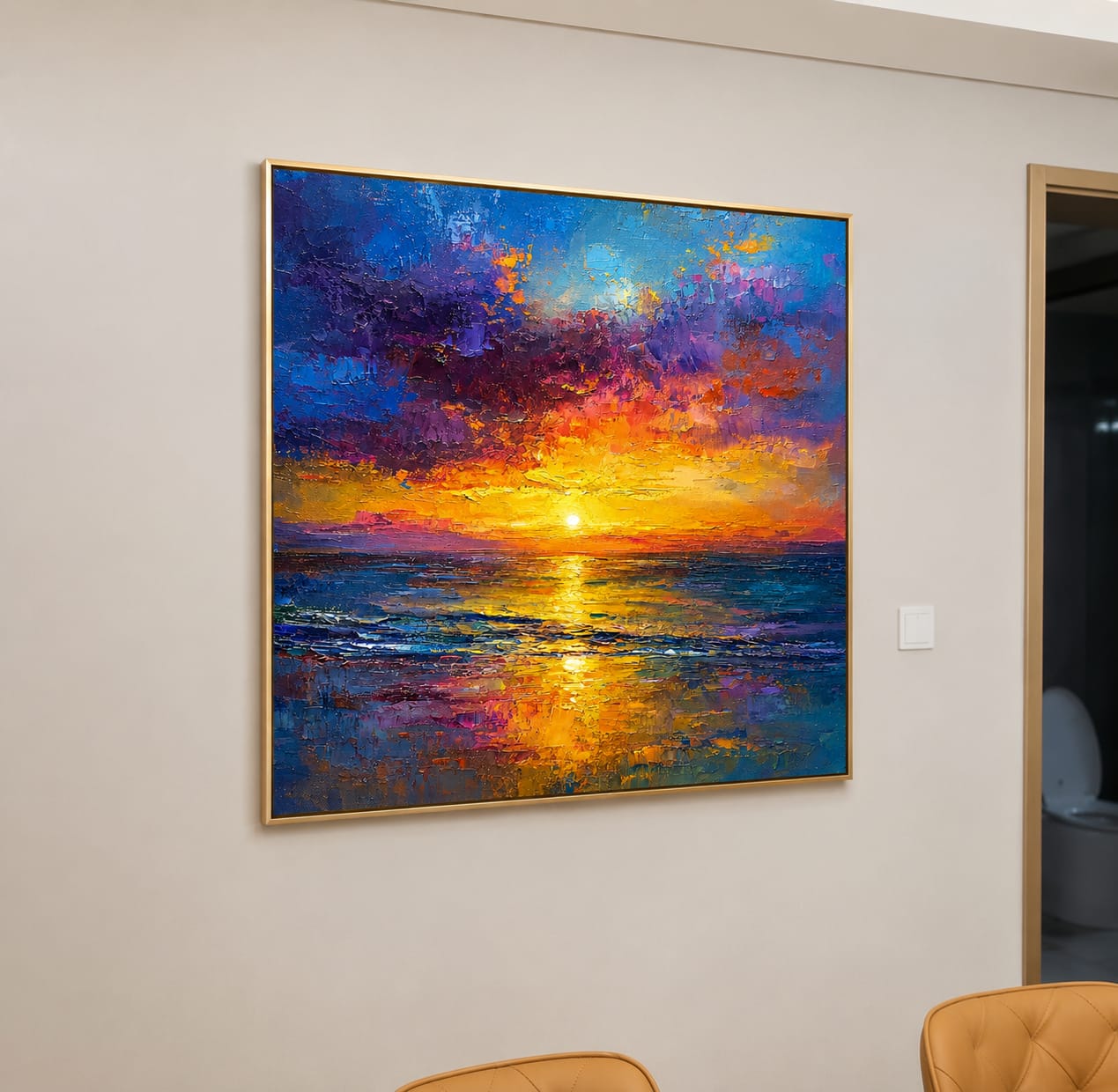 Customer photo review of "Sunset Reverie" – Colorful Ocean Sunset Textured Oil Painting