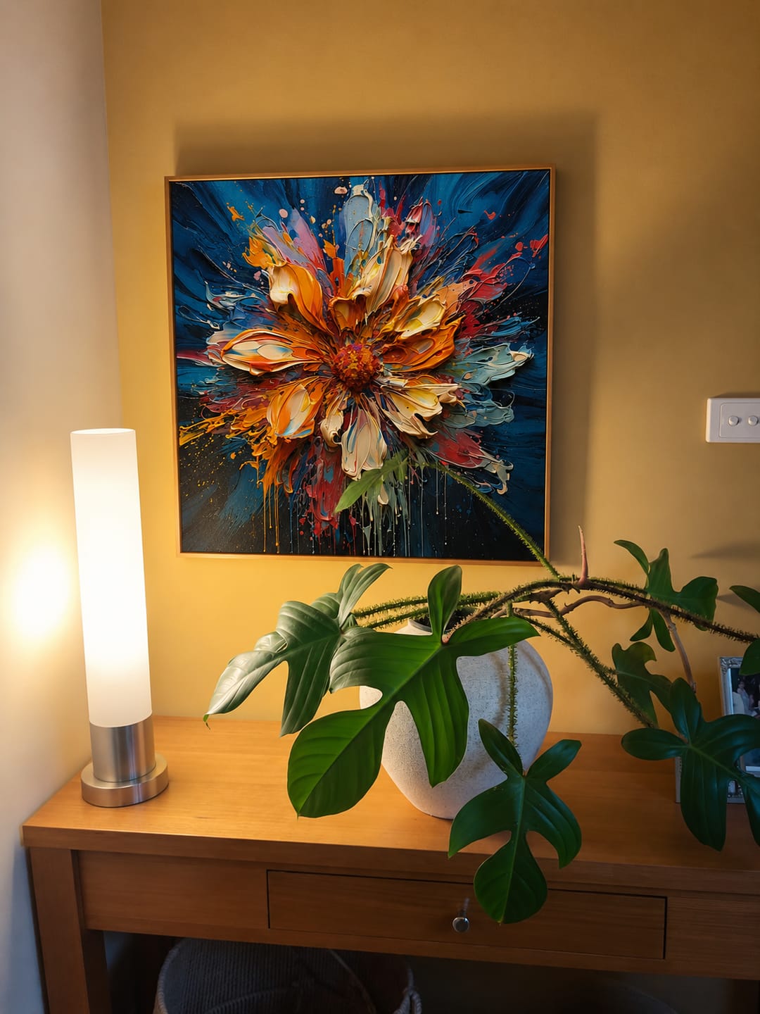 Customer photo review of "Radiant Bloom" – Orange Blue Floral Textured Oil Painting