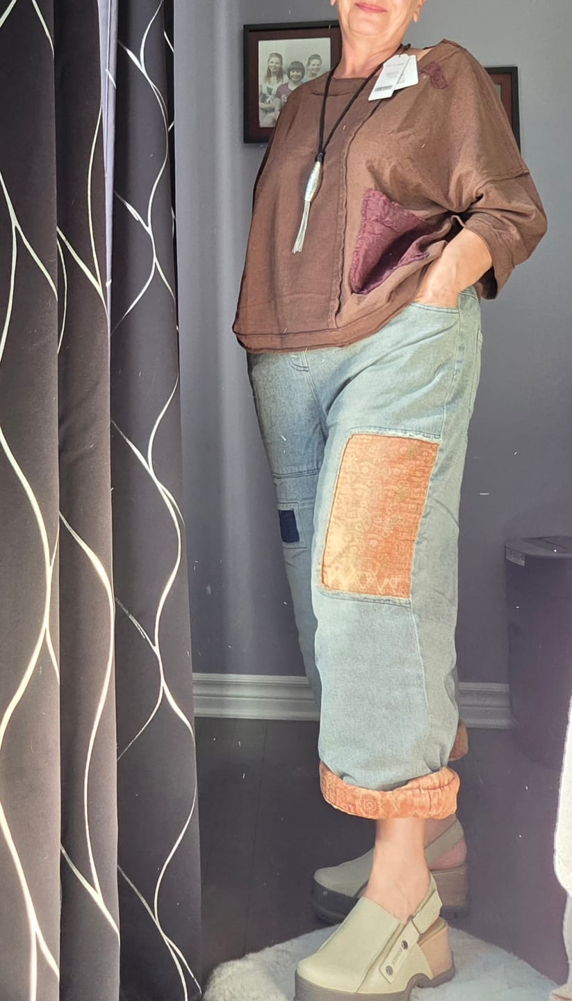 Customer photo review of Plus Size Women Vintage Patch Spliced Denim Harem Jeans