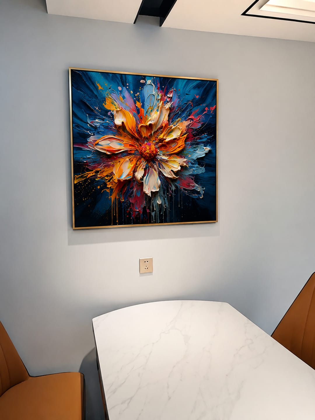 Customer photo review of "Radiant Bloom" – Orange Blue Floral Textured Oil Painting