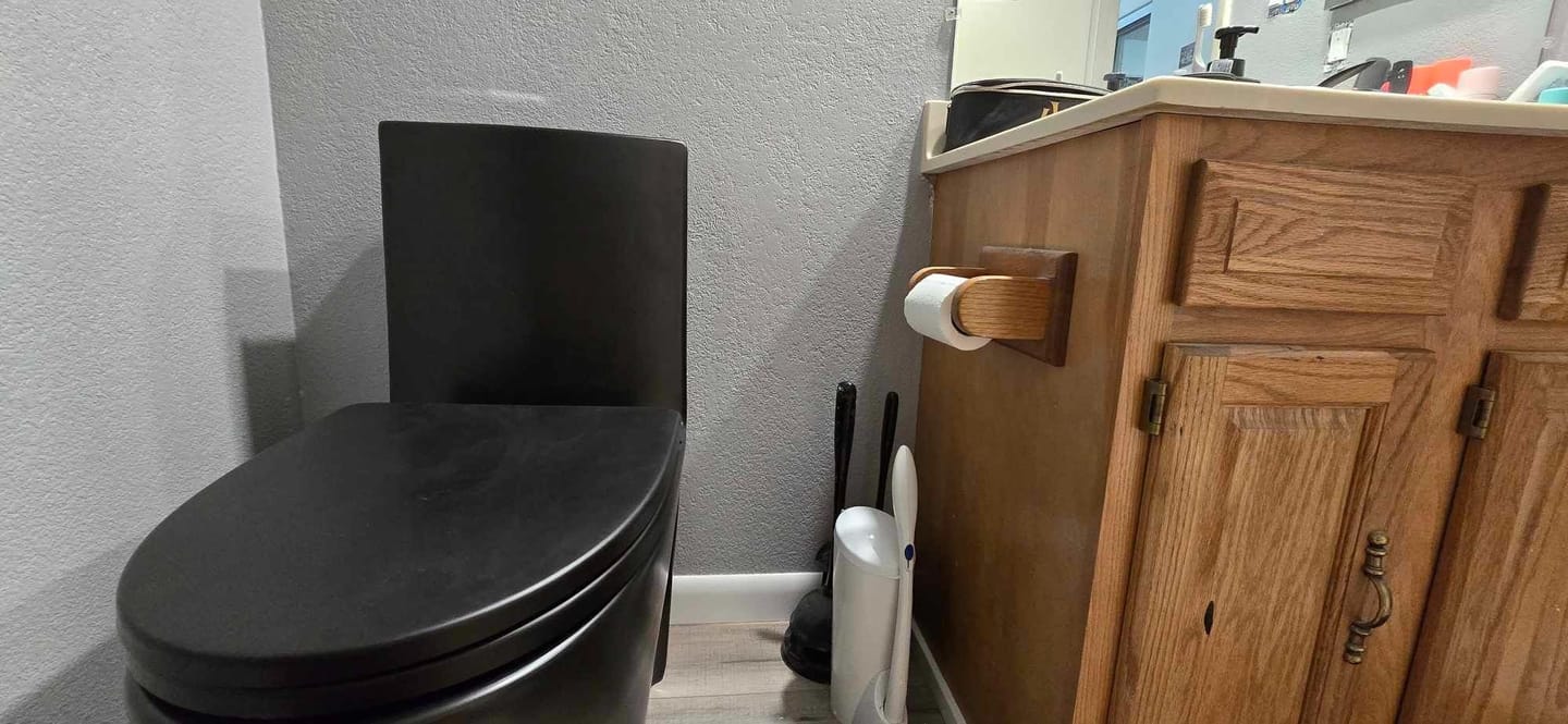 Customer photo review of Gota – Black Modern One-Piece Toilet with Dual Flush & Soft-Close Seat